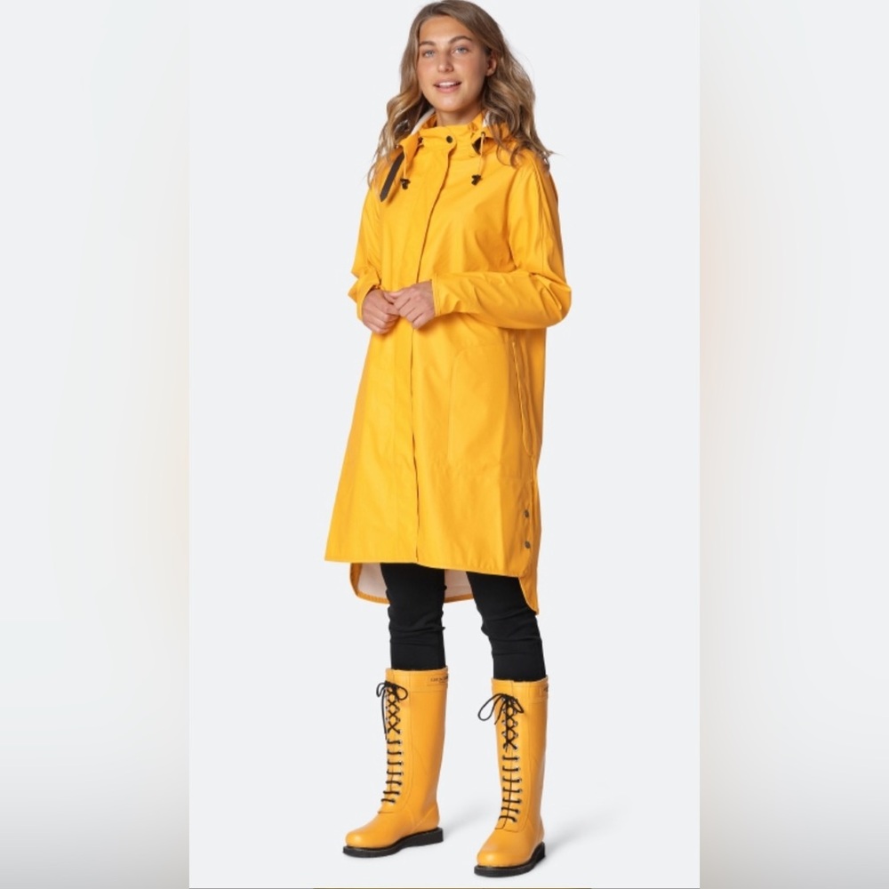 Yellow Women's Rain Coat with leather belt collar detail.